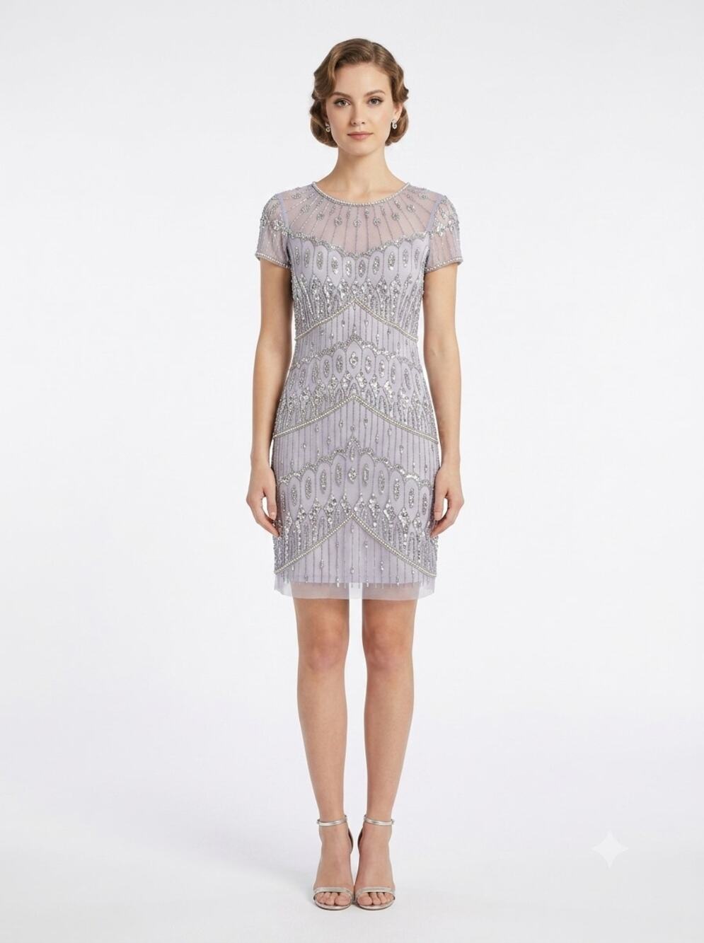 Aidan Mattox Midi Cocktail Dress Womens 4 Purple Ice Full Mesh Sequin Beaded